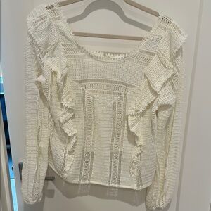 Sezane White Ruffled Fitted Long Sleeve Blouse